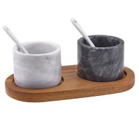 Marble Salt and Pepper Pot Set with Wooden Base